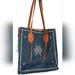 Sundance Denim Embroidered Star, Leather Trim, Raw Hem, Western, Boho